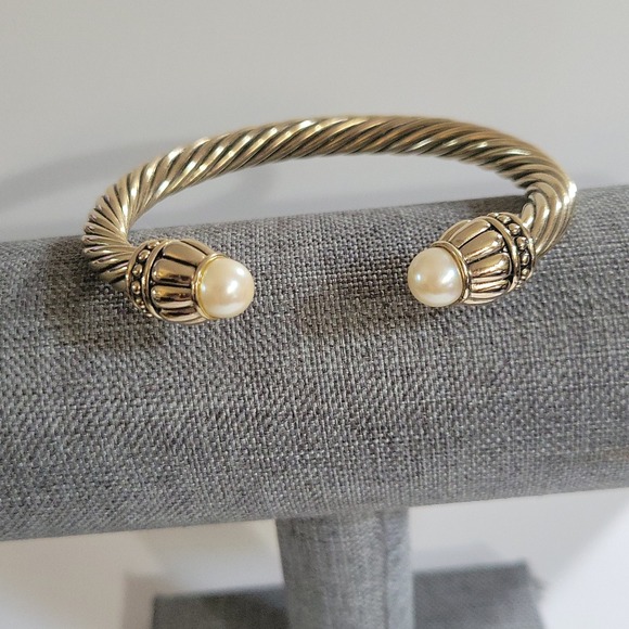 Jewelry - Gold Twisted Cable Cuff Bracelet Faux Pearl Accents Old Money